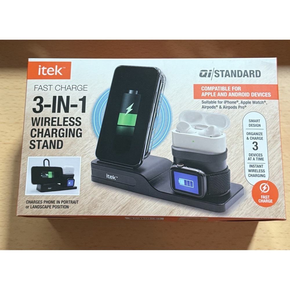 itek Fast Charge 3-In-1 Qi Wireless Charging Stand Charge 3 Devices at Once, New